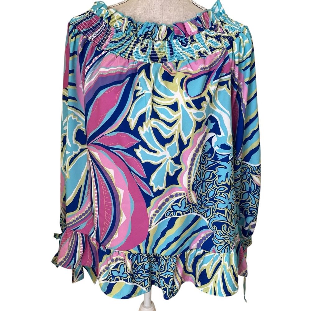Jorge Perez Blue/Pink/Green Vibrant Print Carmen Off the Shoulder Blouse 2X